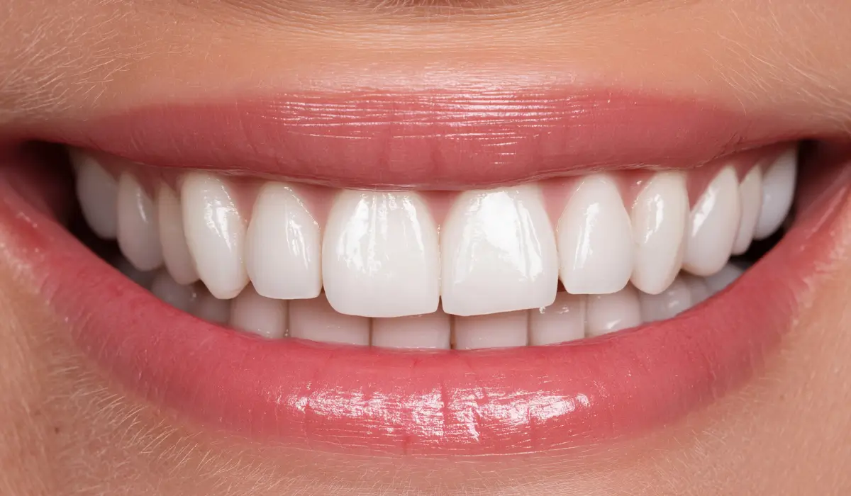 Close-up of teeth after veneers in 2026 showing natural contour, brightness, and seamless alignment.