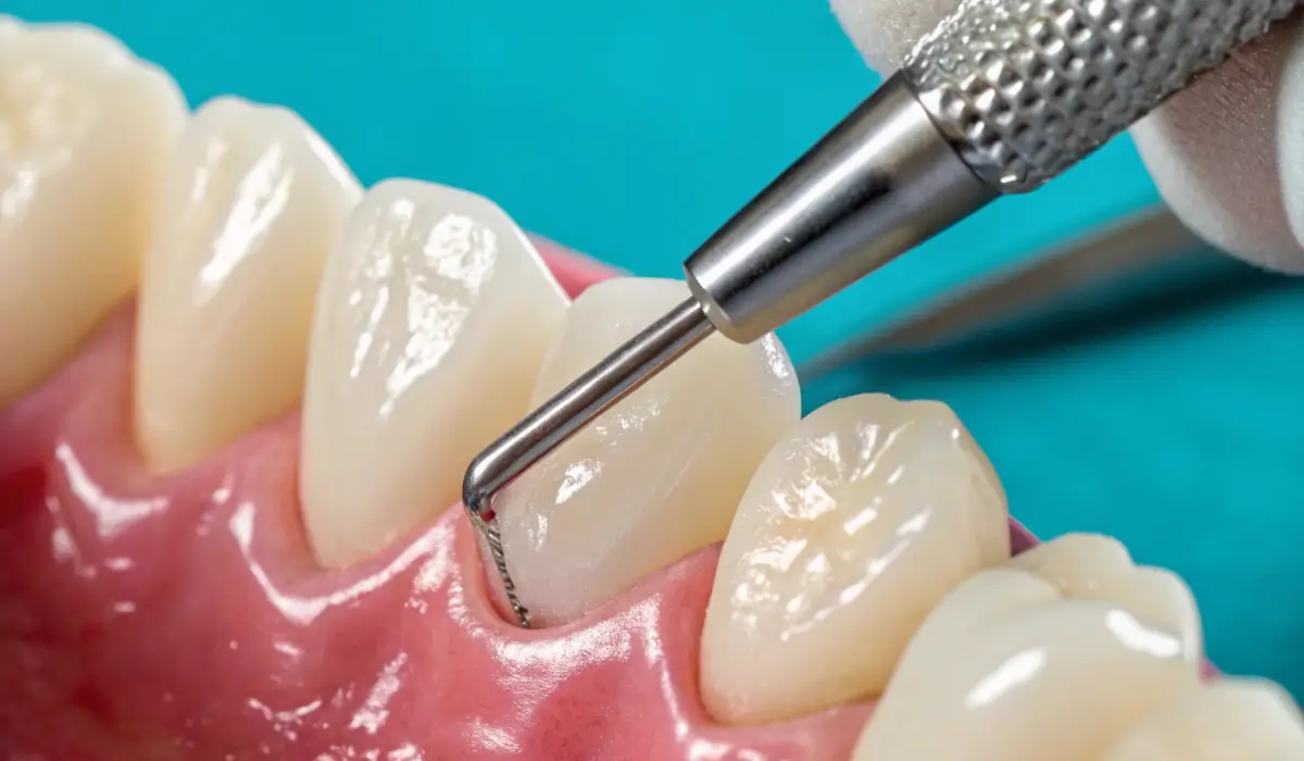 Dental probe measuring gum disease depth during periodontal exam to identify inflammation linked to heart health.