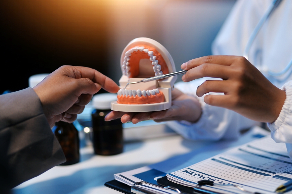 A dentist in a white lab coat uses a metal tool to point at a plastic anatomical teeth model while explaining a procedure to a patient in a clinical office setting.