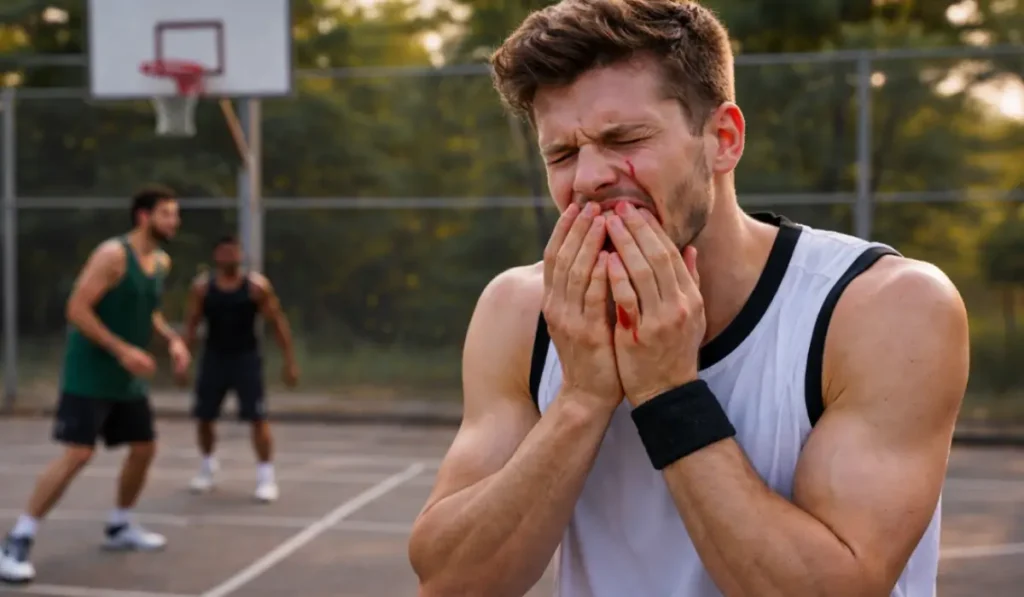 Basketball player holding bleeding mouth after collision showing dental emergenc condition during competitive sports game injury scenario.