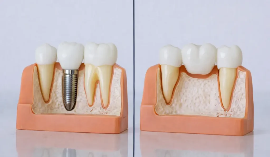 Dental implants vs bridges comparison showing implant with screw root and bridge supported by adjacent teeth