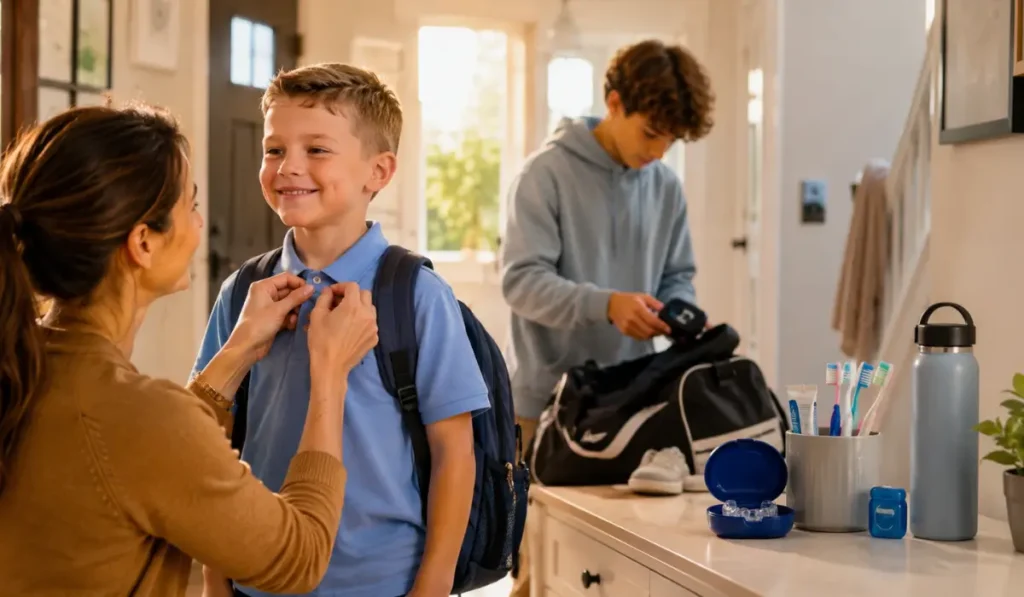 Mother helping her son get ready for school while a teen packs a sports bag, with toothbrushes, a retainer case, and oral care essentials supporting a back-to-school smile checklist.