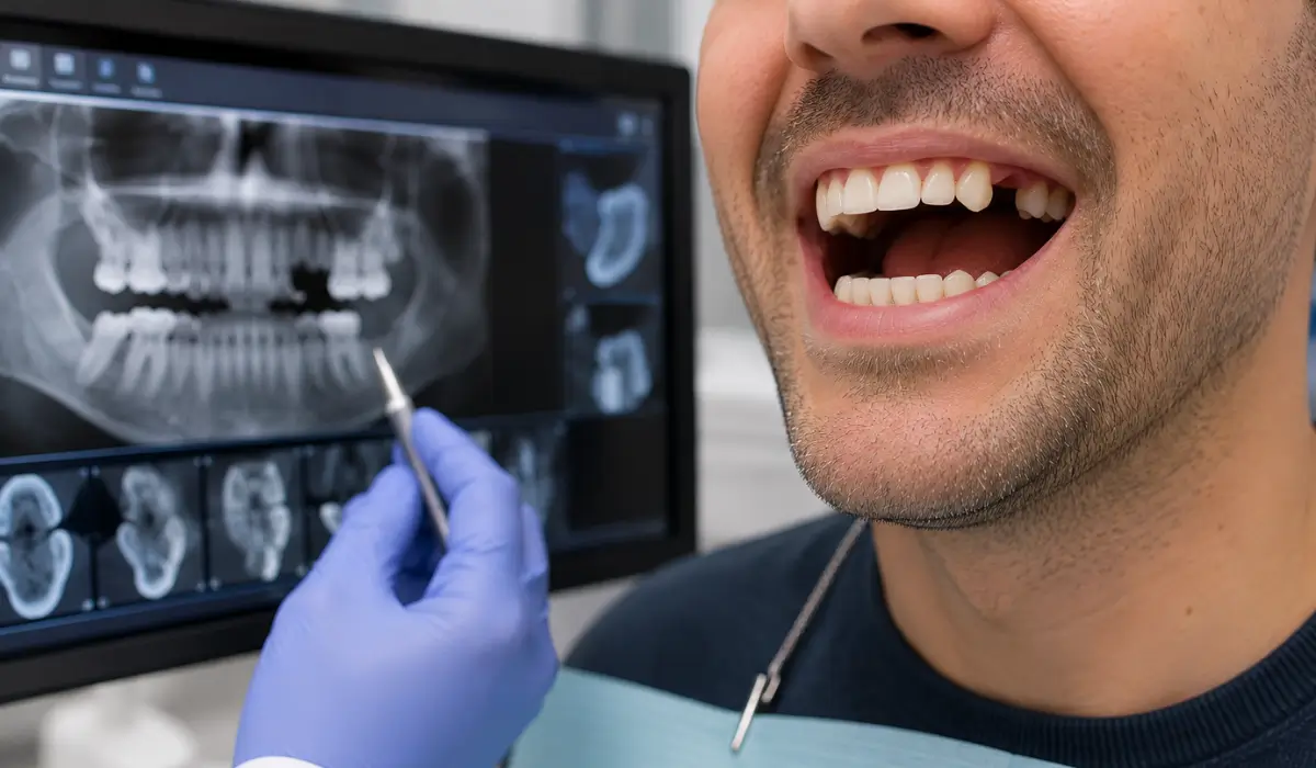 Ignore a Missing Tooth consultation showing dentist reviewing digital X-rays and visible missing tooth during dental evaluation together.