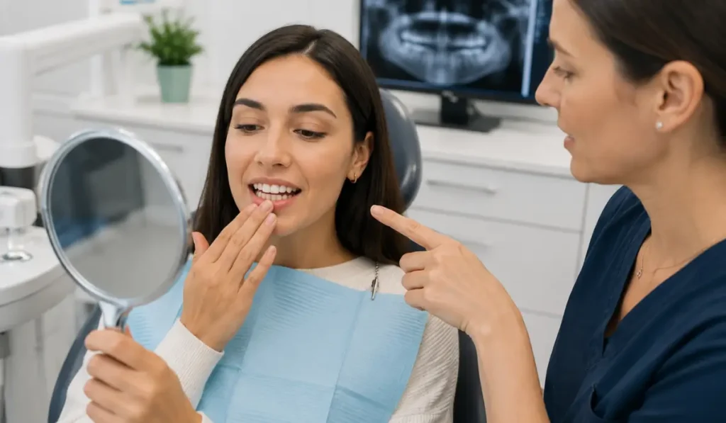 Teeth Look More Crooked during dental consultation as patient reviews tooth alignment changes using mirror with dentist