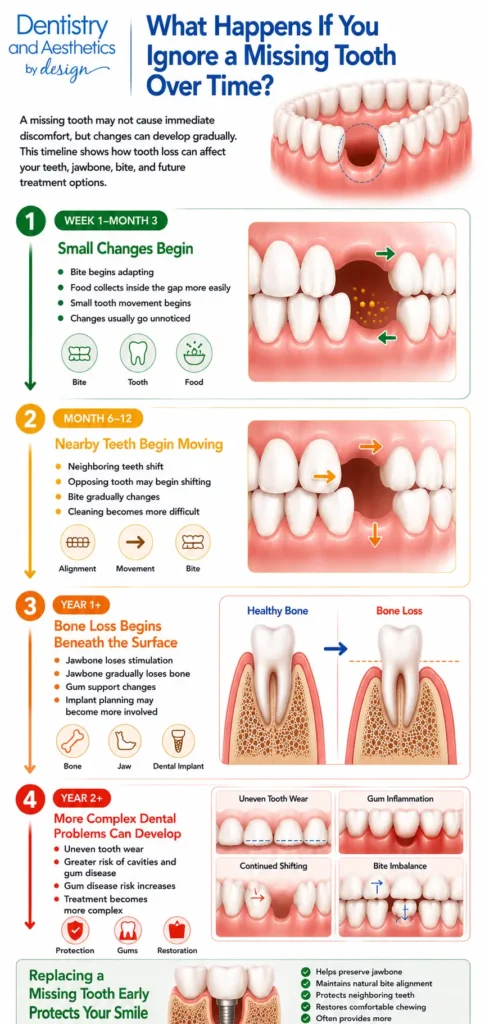 Ignore a Missing Tooth infographic illustrating timeline showing shifting teeth, jawbone loss, bite changes over time.