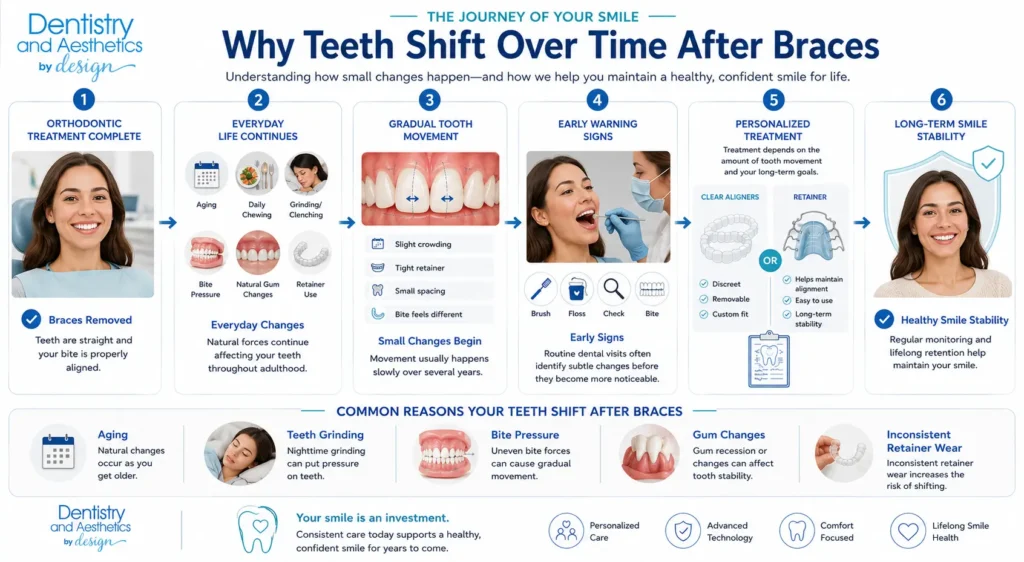 Teeth Look More Crooked infographic showing aging, retainers, bite changes, treatment supporting lifelong smile stability understanding