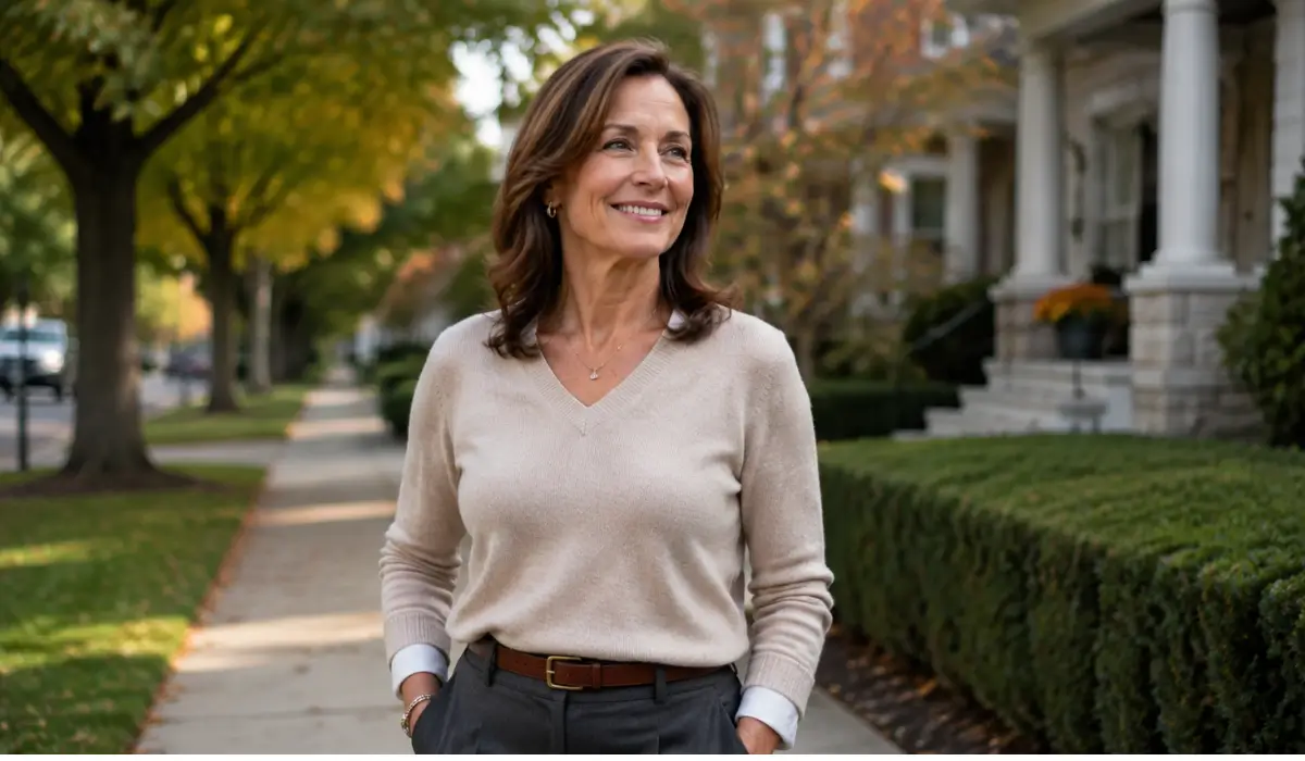 Smiling woman outdoors in Hinsdale during fall, reflecting a practical season for planning dental implants treatment.