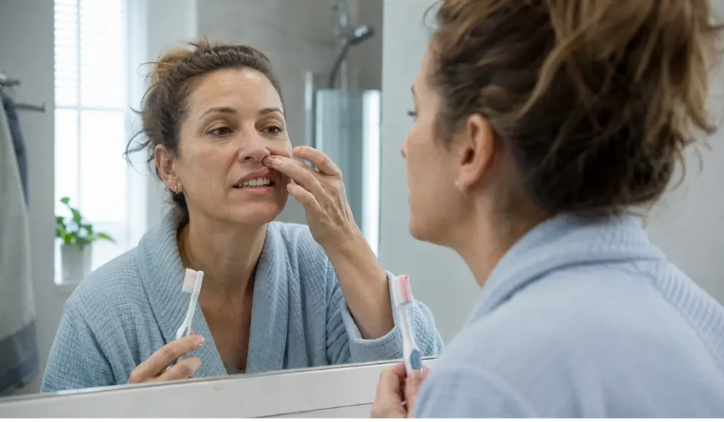 Woman checking bleeding gums during brushing while looking closely at her gumline in the bathroom mirror.