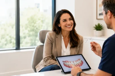 Dentist discussing Adult Orthodontics and Invisalign treatment with a professional patient during a consultation in a modern dental office.