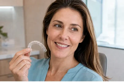 Adult patient holds a clear aligner while smiling, representing Invisalign treatment for crooked teeth and alignment.