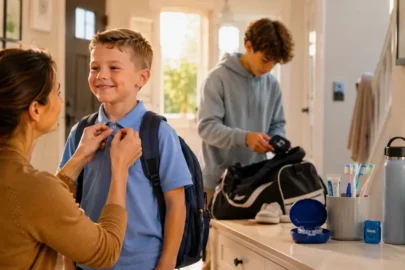 Mother helping her son get ready for school while a teen packs a sports bag, with toothbrushes, a retainer case, and oral care essentials supporting a back-to-school smile checklist.
