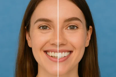 Side-by-side closeup of a woman’s smile showing visible results after professional teeth whitening treatment.