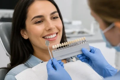 Dental Bonding vs Veneers consultation with dentist comparing tooth shades for personalized cosmetic treatment recommendations and planning.