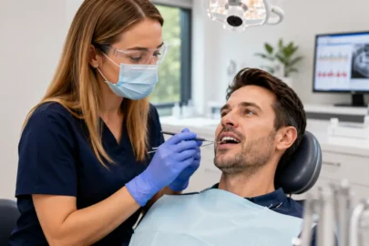 Dental Hygienist measuring gum pockets with a periodontal probe during a preventive dental examination.