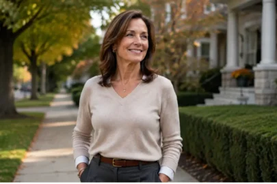 Smiling woman outdoors in Hinsdale during fall, reflecting a practical season for planning dental implants treatment.