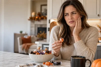 Woman experiencing dental emergencies symptoms after eating Halloween candy while sitting beside a bowl of treats.