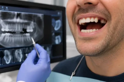 Ignore a Missing Tooth consultation showing dentist reviewing digital X-rays and visible missing tooth during dental evaluation together.