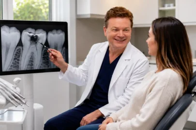 Dentist reviewing a dental X-ray with a patient to determine whether a root canal or filling is the most appropriate treatment based on the condition of the tooth.