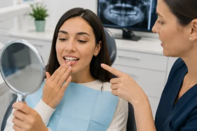 Teeth Look More Crooked during dental consultation as patient reviews tooth alignment changes using mirror with dentist