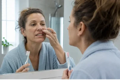 Woman checking bleeding gums during brushing while looking closely at her gumline in the bathroom mirror.
